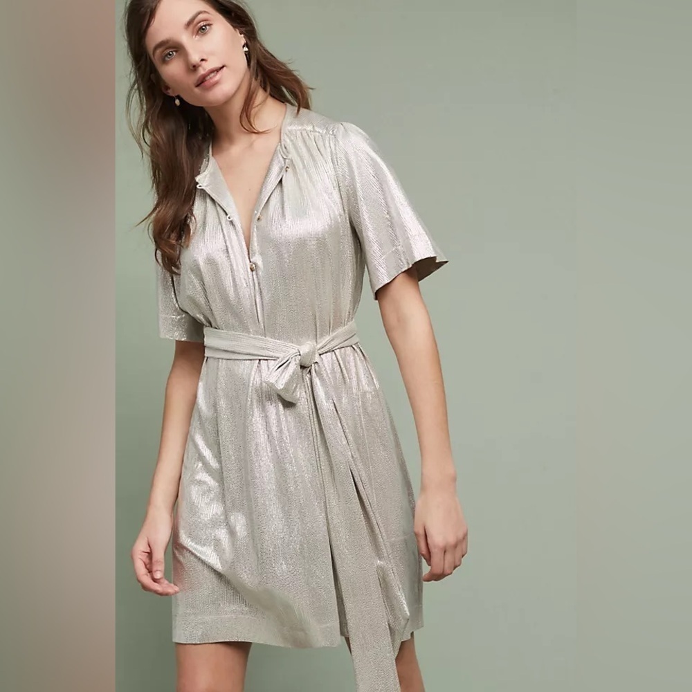 Medium Anthropologie Sabina Musayev mercury metallic shine Shirt Dress silver